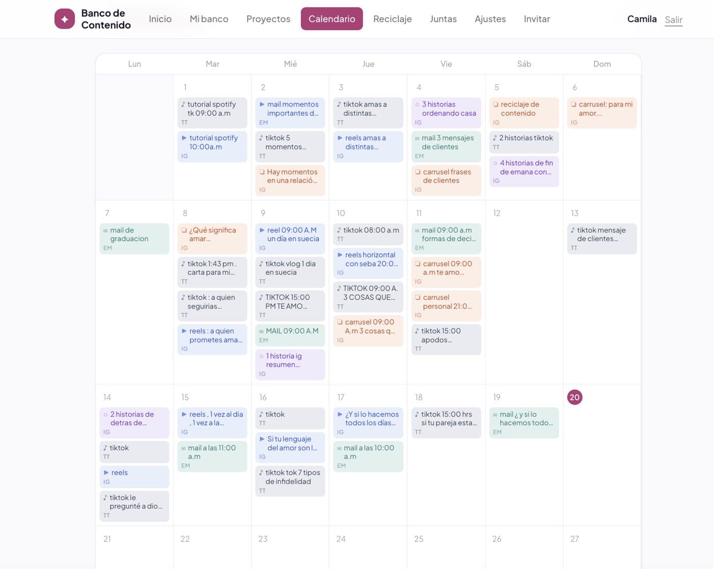 Banco de Contenido: calendario mensual con reels, tiktoks, historias y correos