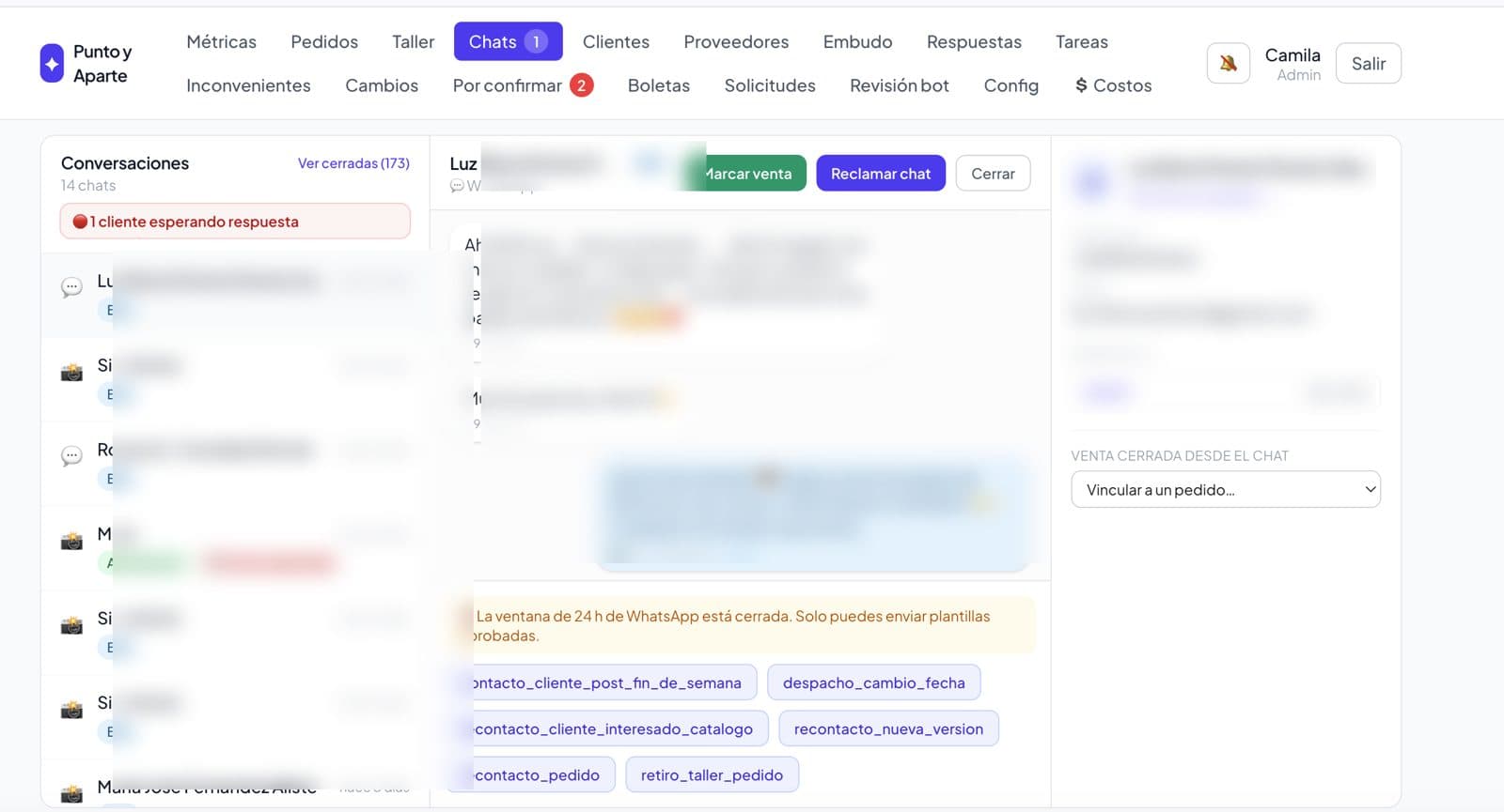 CRM de Punto & Aparte: conversaciones de WhatsApp, ficha del cliente y plantillas