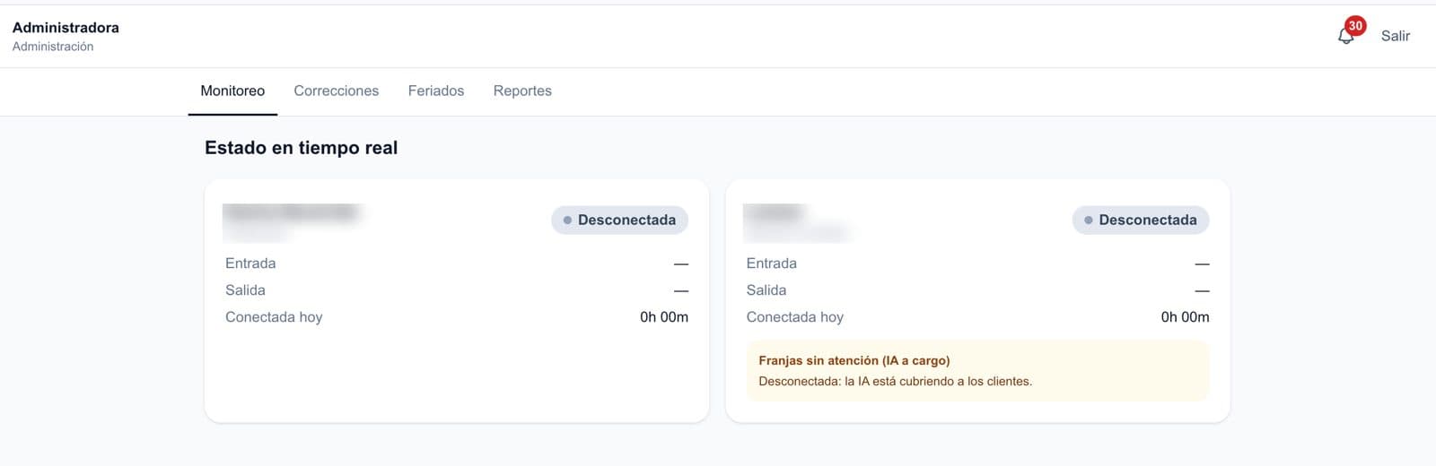 Registro de horarios: estado en tiempo real del equipo